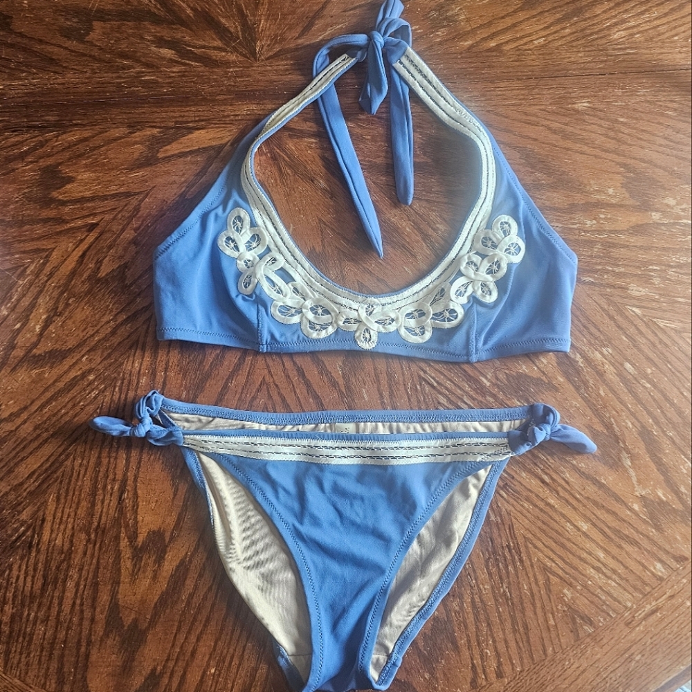 Victoria Secret Cornflower blue and lace bikini medium top xsmall bottom